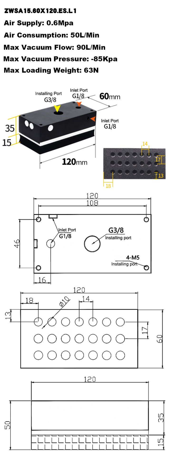 ZWSA Sponge Pad Foam Vacuum Gripper For Robot Arm Dimension
